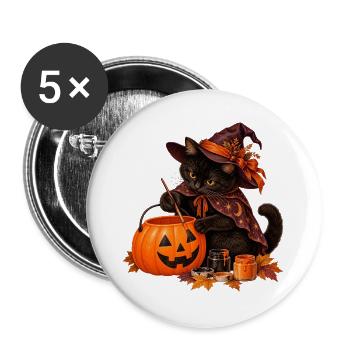 Schwarze Katze bemalt einen Kürbiseimer - Buttons groß 56 mm (5er Pack) - Weiß - Vorne
