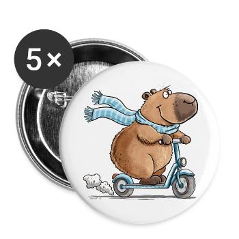 Capybara auf Roller Lustiges Tiermotiv Scooter - Buttons groß 56 mm (5er Pack) - Weiß - Vorne