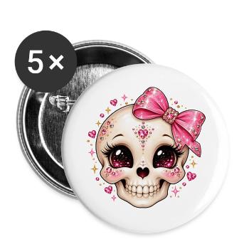 Glitzernder Kristallskull mit Schleife - Buttons groß 56 mm (5er Pack) - Weiß - Vorne