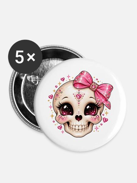 Glitzernder Kristallskull mit Schleife - Buttons groß 56 mm (5er Pack) - Weiß