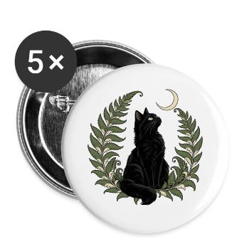 Schwarze Katze mit Farn und Mondsichel - Buttons groß 56 mm (5er Pack) - Weiß - Vorne