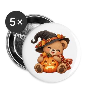 Halloween-Teddy mit Kürbis - Buttons groß 56 mm (5er Pack) - Weiß - Vorne