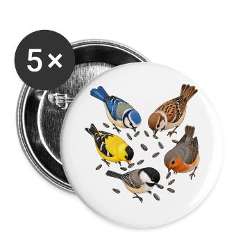 Gartenvögel mit Sonnenblumenkernen - Buttons groß 56 mm (5er Pack) - Weiß - Vorne
