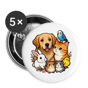 Bunte Tierfreunde 🐶🐱🐰🐹🐥🦜 - Buttons groß 56 mm (5er Pack) - Weiß - Vorne