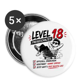 Level 18 Freigeschaltet Volljährig Geburtstag - Buttons groß 56 mm (5er Pack) - Weiß - Vorne