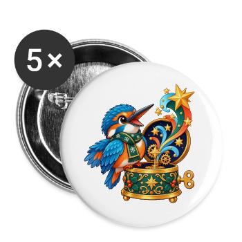 Eisvogel mit Kometen-Spieluhr - Buttons groß 56 mm (5er Pack) - Weiß - Vorne