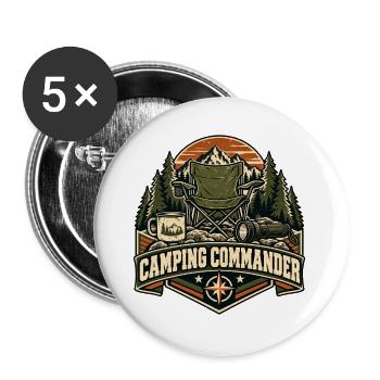 Camping Commander – Lustiges Camping-Abzeichen - Buttons groß 56 mm (5er Pack) - Weiß - Vorne
