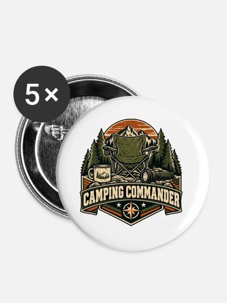 Camping Commander – Lustiges Camping-Abzeichen - Buttons groß 56 mm (5er Pack) - Weiß