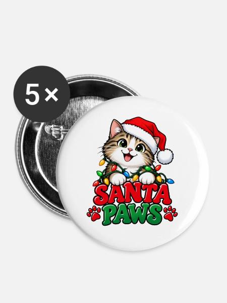 Santa Paws – Katze mit Weihnachtsmütze - Buttons groß 56 mm (5er Pack) - Weiß