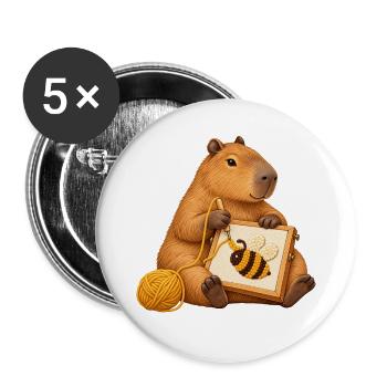 Capybara mit Punch-Needle-Biene - Buttons groß 56 mm (5er Pack) - Weiß - Vorne