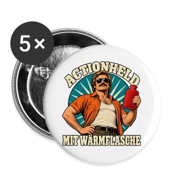Actionheld mit Wärmflasche - Buttons groß 56 mm (5er Pack) - Weiß - Vorne