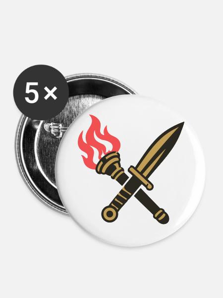 Schwert Fackel Wappen Logo - Buttons groß 56 mm (5er Pack) - Weiß