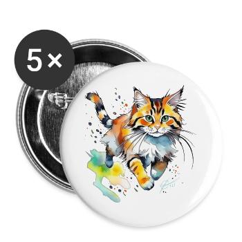 springende  Katze im wasserfarbenlook - Buttons groß 56 mm (5er Pack) - Weiß - Vorne