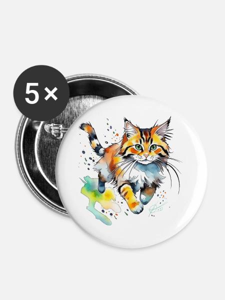springende  Katze im wasserfarbenlook - Buttons groß 56 mm (5er Pack) - Weiß