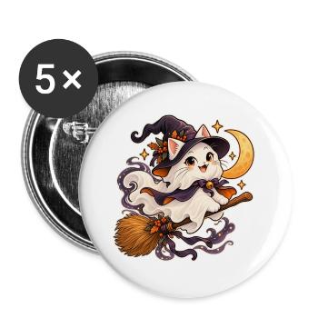 Geisterkatze auf einem Besen - Buttons groß 56 mm (5er Pack) - Weiß - Vorne