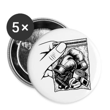 Suchtbox – Taschenhandschuhe, Bänder und Seilring - Buttons groß 56 mm (5er Pack) - Weiß - Vorne