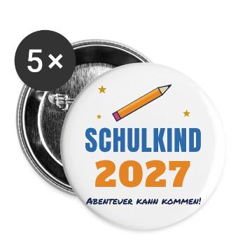 Schulkind 2027 – Einschulung Abenteuer kann kommen - Buttons groß 56 mm (5er Pack) - Weiß - Vorne