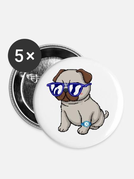 Mops mit blauer Brille - Buttons groß 56 mm (5er Pack) - Weiß