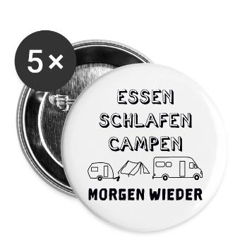 essen schlafen campen - Buttons groß 56 mm (5er Pack) - Weiß - Vorne