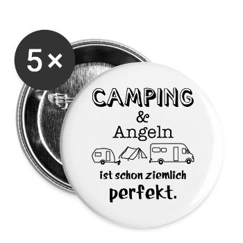 camping und angeln - Buttons groß 56 mm (5er Pack) - Weiß - Vorne