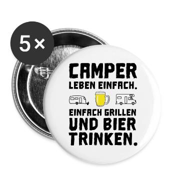 camper leben einfach grillen bier trinken - Buttons groß 56 mm (5er Pack) - Weiß - Vorne