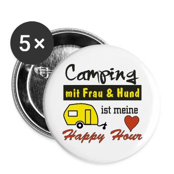happy hour camping mit frau und hund - Buttons groß 56 mm (5er Pack) - Weiß - Vorne