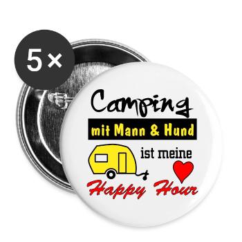 happy hour camping mit mann und hund - Buttons groß 56 mm (5er Pack) - Weiß - Vorne