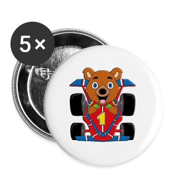 BÄR - TEDDY - AUTO - RENNFAHRER - AUTORENNEN - Buttons groß 56 mm (5er Pack) - Weiß - Vorne
