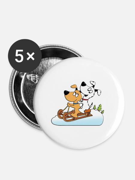 SCHNEE - SCHLITTENFAHREN - RODELN - HUNDE - Buttons groß 56 mm (5er Pack) - Weiß