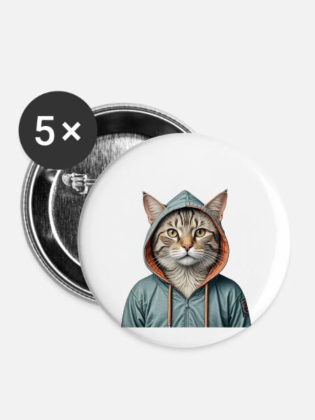 Katze trägt eine Jacke - Buttons groß 56 mm (5er Pack) - Weiß