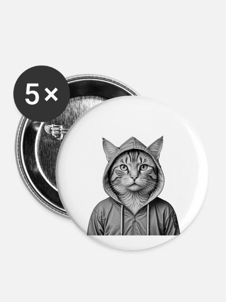 Coole Katze mit Kapuzenpullover - Buttons groß 56 mm (5er Pack) - Weiß