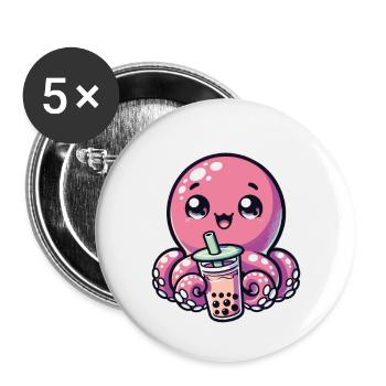 Octopus Drinking Bubble Tea kawaii Boba Octopus - Buttons large 2.2''/56 mm (5-pack) - white - Front