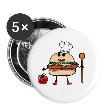 Fast Food Burger Kochkunst Hobbykoch Gastgeber - Buttons groß 56 mm (5er Pack) - Weiß - Vorne