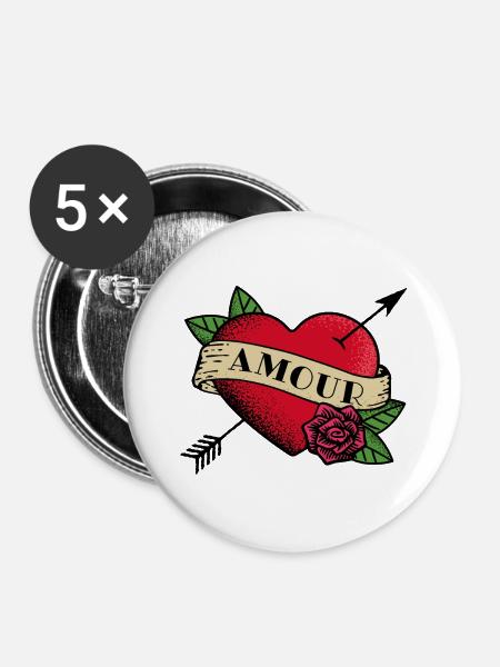 Herz Tattoo Amour - Buttons groß 56 mm (5er Pack) - Weiß
