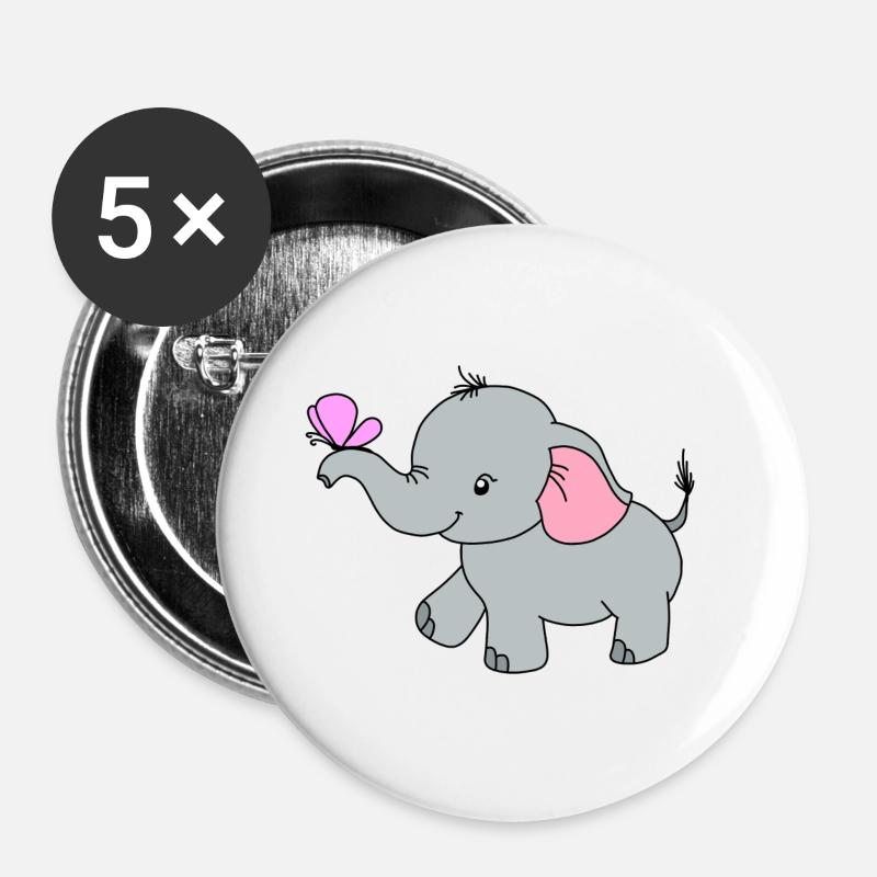 Éléphant Papillon Mignon - Lot de 5 grands badges (56 mm) - blanc