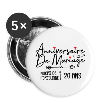Anniversaire de mariage 20 ans Noces de Porcelaine - Lot de 5 grands badges (56 mm) - blanc - Devant