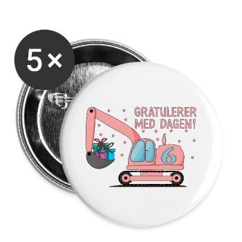 6-årsdag gravemaskin gratulerer med dagen - Buttons groß 56 mm (5er Pack) - Weiß - Vorne