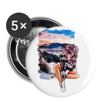 Girl on the Beach Summer Illustration - Buttons large 2.2''/56 mm (5-pack) - white - Front