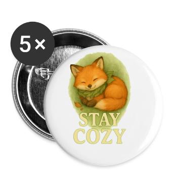 Stay Cozy – Niedlicher Baby-Fuchs mit Blätterschal - Buttons groß 56 mm (5er Pack) - Weiß - Vorne