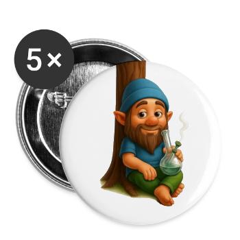 Kiffender Zwerg an Baum lehnend mit Bong Cannabis - Buttons groß 56 mm (5er Pack) - Weiß - Vorne