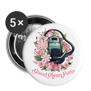 Florales Staubsauger Shirt – Putzfimmel Statement - Buttons groß 56 mm (5er Pack) - Weiß - Vorne