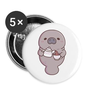 Cute Manatee Pouring Tea Into Teacup - Buttons large 2.2''/56 mm (5-pack) - white - Front