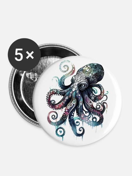 Cooles Wasserfarben Aquarell Oktopus Design - Buttons groß 56 mm (5er Pack) - Weiß