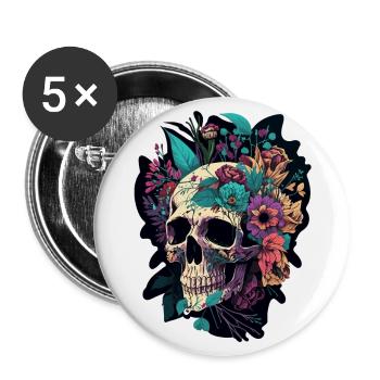 Human Skull & Flowers 5 - Buttons large 2.2''/56 mm (5-pack) - white - Front