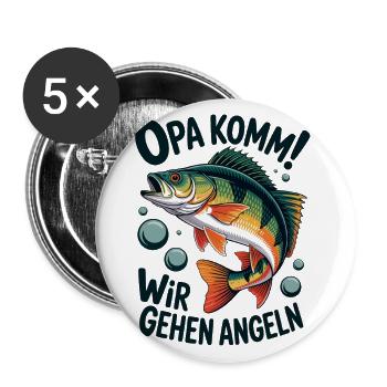 Opa komm wir gehen Angeln - springender Barsch - Buttons groß 56 mm (5er Pack) - Weiß - Vorne