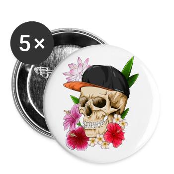 Totenkopf mit Mütze und blumen - Buttons groß 56 mm (5er Pack) - Weiß - Vorne