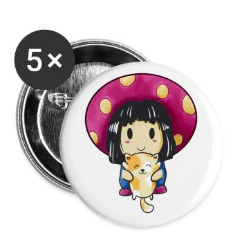 Pilzkopf Mädchen und Katze Niedliche Kawaii Anime - Buttons groß 56 mm (5er Pack) - Weiß - Vorne
