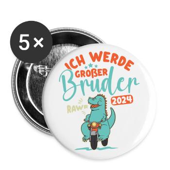 Großer Bruder 2024 Junge Dino Geschwister Geburt - Buttons groß 56 mm (5er Pack) - Weiß - Vorne