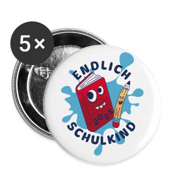 Endlich Schulkind 2025 - Geschenk zur Einschulung - Buttons groß 56 mm (5er Pack) - Weiß - Vorne