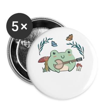 Cottagecore Aesthetic Kawaii Frosch spielt Banjo - Buttons groß 56 mm (5er Pack) - Weiß - Vorne